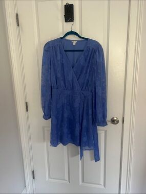 Blue Wrap Dress with Sheer Long Sleeves
